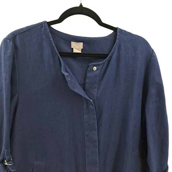 Chico's Utility Jacket 2 L Linen Snap Front 3/4 Tab Sleeve Lightweight Navy Blue - Picture 5 of 8